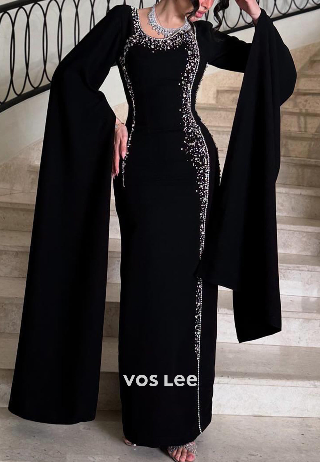 Long Sleeve Scoop Beading Embellished Floor-Length Sheath Evening Dresses