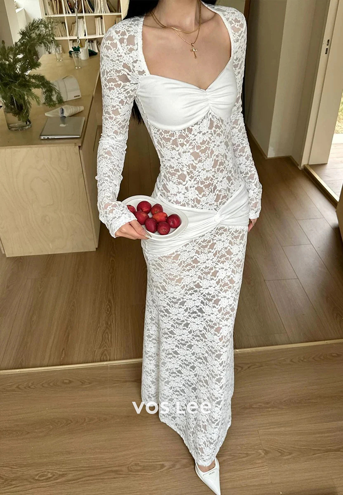 Long Sleeve Sweetheart Appliques Lace Pleated Floor-Length Mermaid Evening Dresses