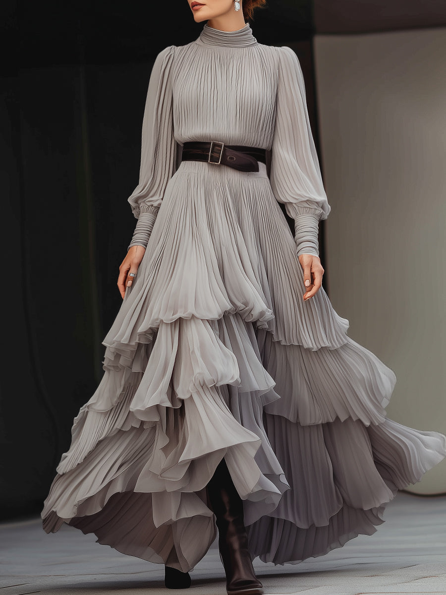 Grey Pleated High-Neck Layered Maxi Dress