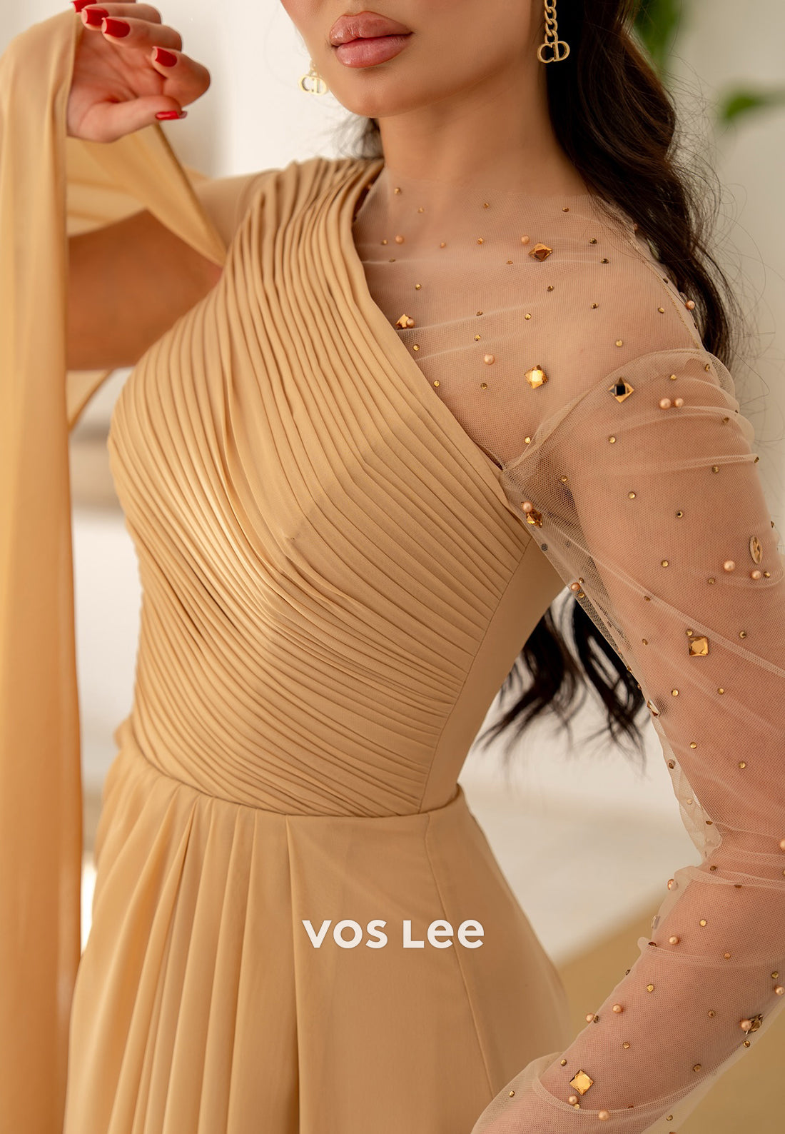 Long Sleeve A-Line Scoop Pleated Rhinestone Evening Dresses