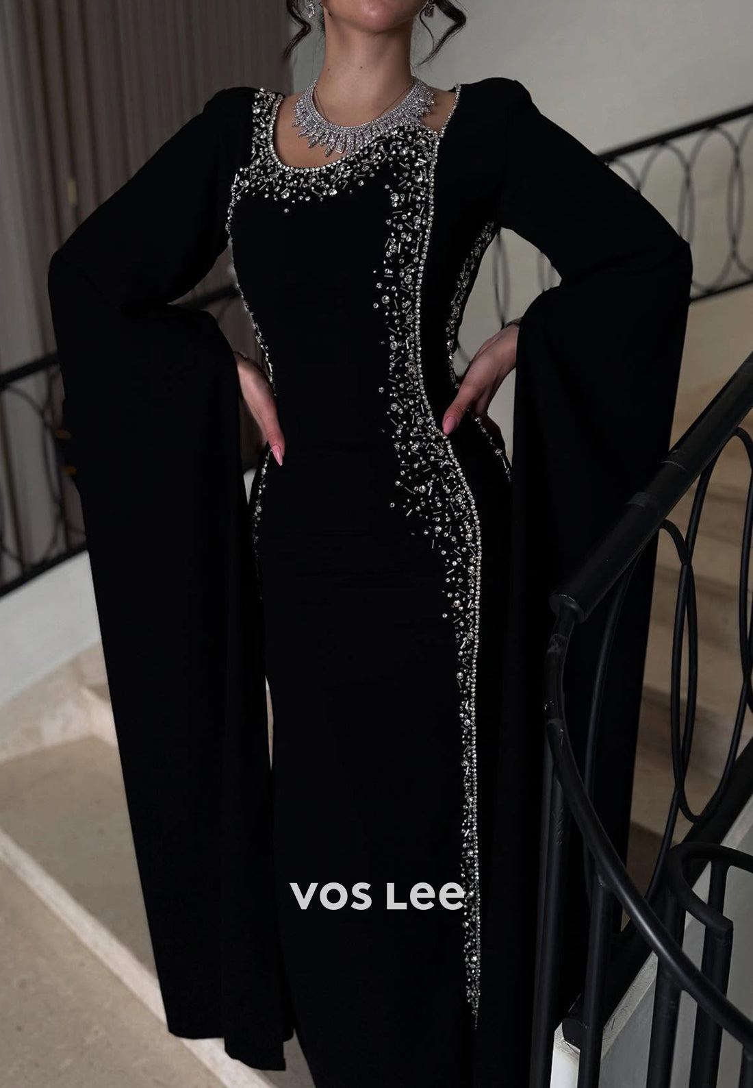 Long Sleeve Scoop Beading Embellished Floor-Length Sheath Evening Dresses
