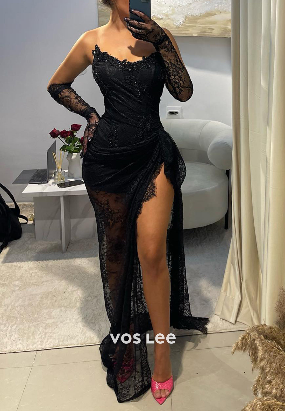 Illusion & Sheer Strapless Lace Beaded Mermaid Long Evening Dresses with Side Split