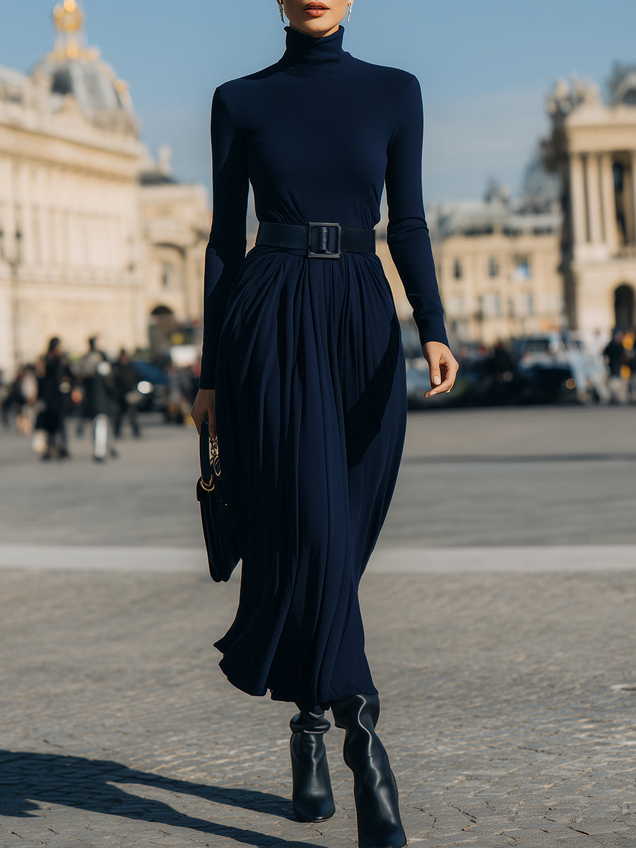 Pleated Knit-Bodice Dress In Midnight Navy