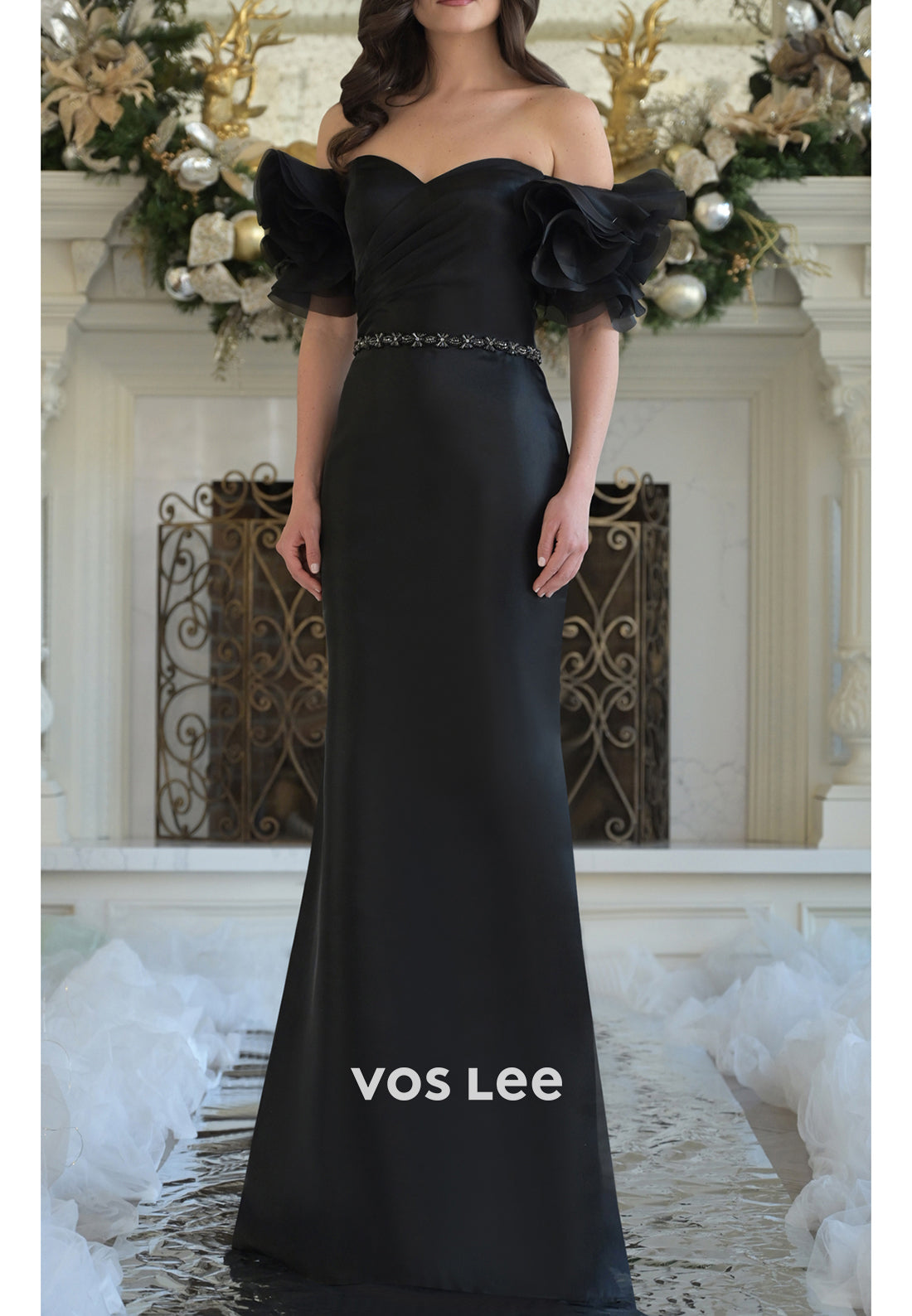 Black Off the Shoulder Pleated Mermaid Mother of Bride Dresses with Sweep Train