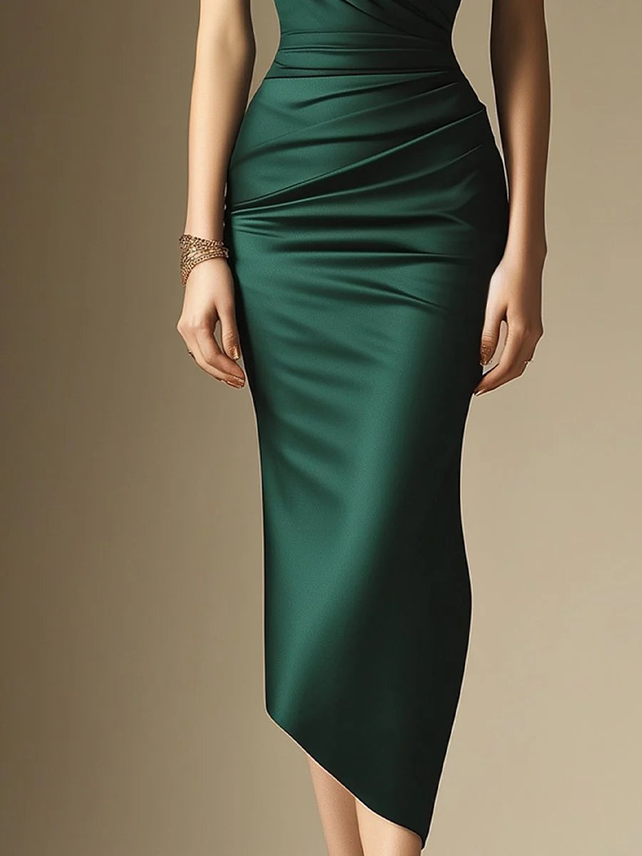 Simple & Classic Cap Sleeves V Neck Tea-Length Pleated Mermaid Wedding Guest Dresses