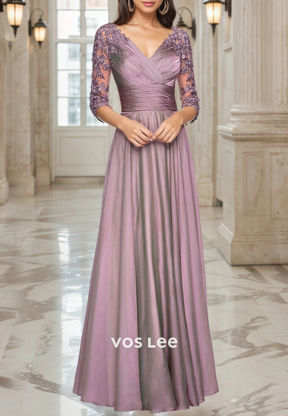 A-Line 3/4 Sleeve V Neck Appliques Lace Floor-Length Pleated Mother of Bride Dresses
