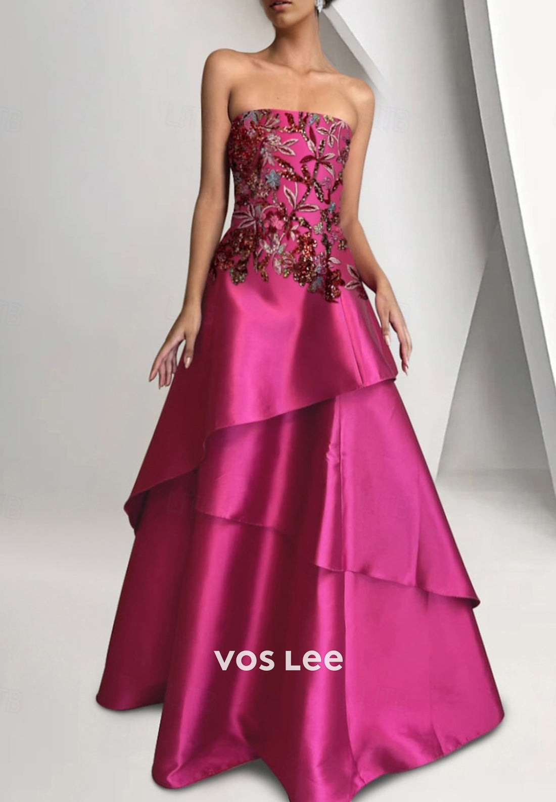 A-Line Strapless Pleated Appliqued Embellished Floor-Length Evening Dresses with Tiered