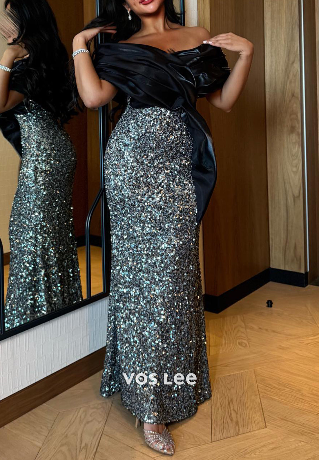 Pleated Off the Shoulder Sequined Floor-Length Pleated Mermaid Evening Dresses