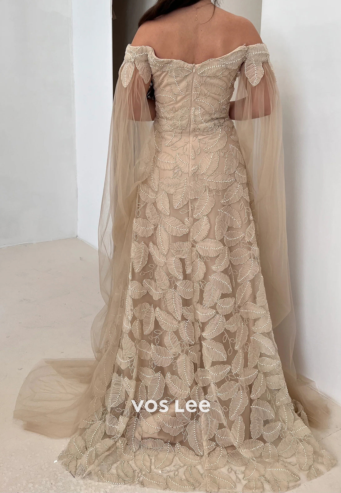 A-Line Off the Shoulder Appliqued Beading Pleated Evening Dresses with Court Train