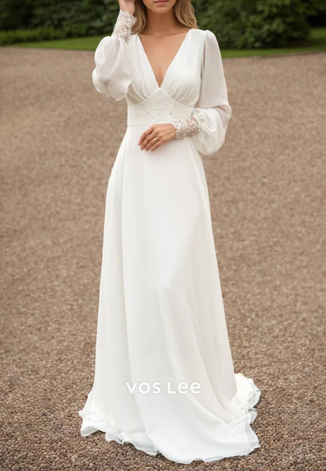 Simple Long Sleeve V Neck Appliques Lace Pleated Beach Wedding Dresses with Sweep Train