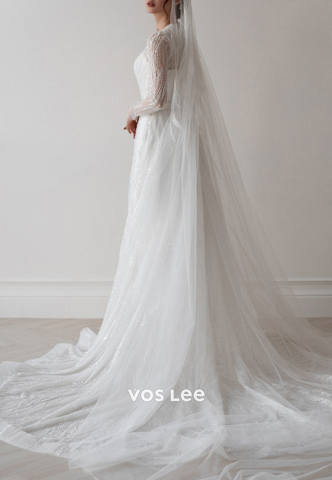 A-Line Long Sleeve Scoop Beaded Tulle Pleated Wedding Dresses with Court Train