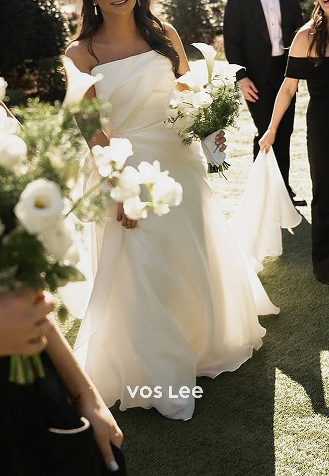 A-Line Strapless High Split Ruched Wedding Dresses with Court Train