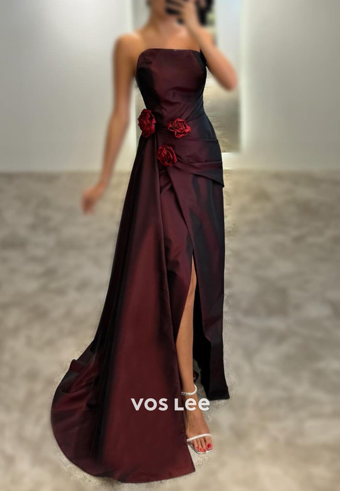 One Shoulder Floral Embellished Pleated Long Mermaid Prom Dresses with Side spilt