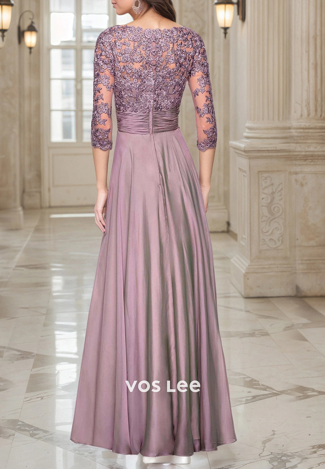 A-Line 3/4 Sleeve V Neck Appliques Lace Floor-Length Pleated Mother of Bride Dresses