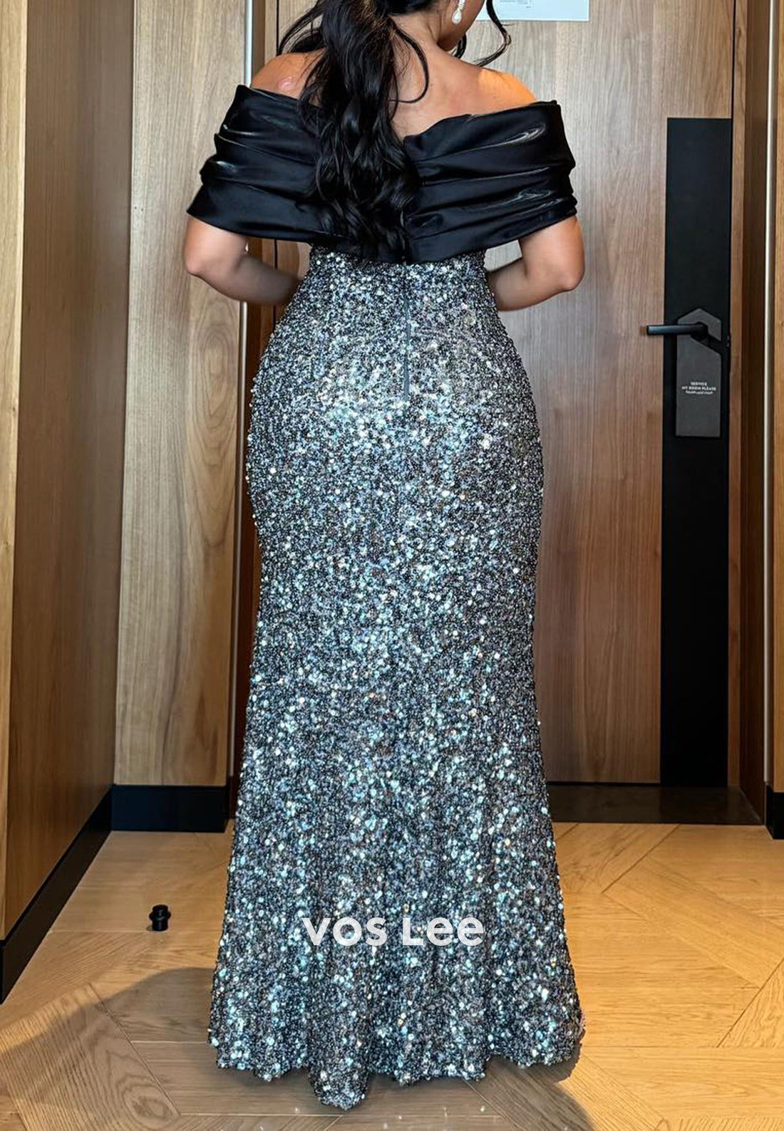 Pleated Off the Shoulder Sequined Floor-Length Pleated Mermaid Evening Dresses
