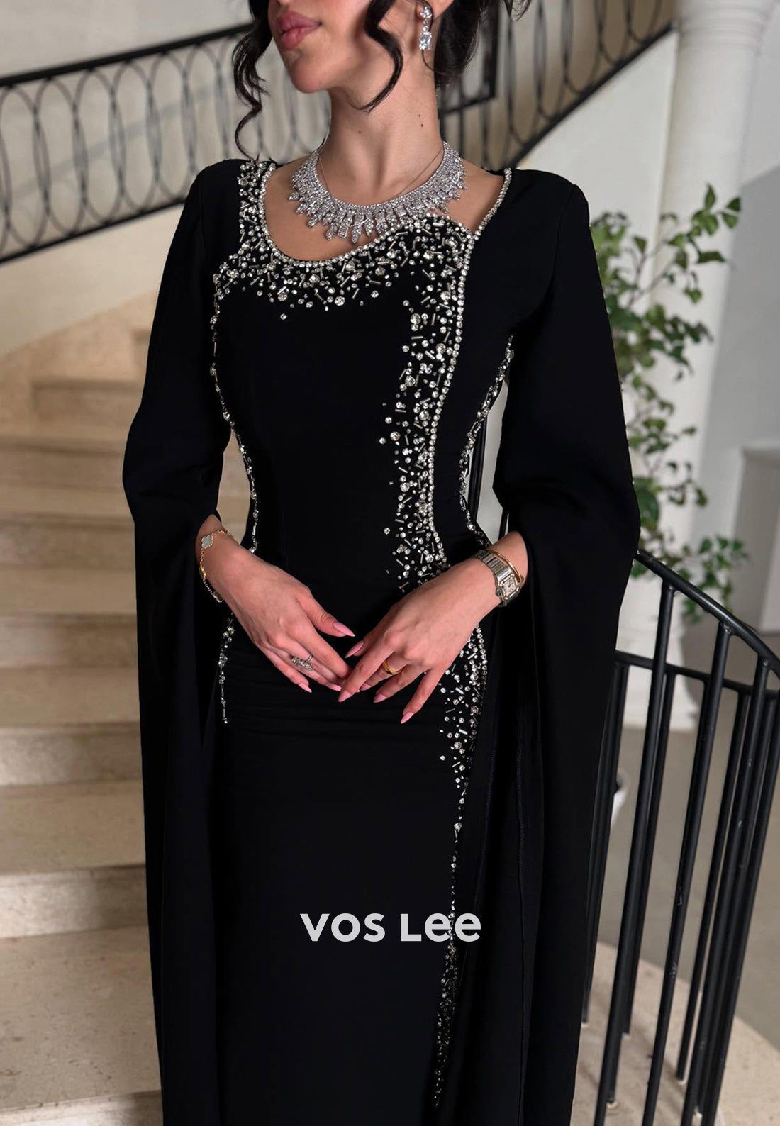 Long Sleeve Scoop Beading Embellished Floor-Length Sheath Evening Dresses