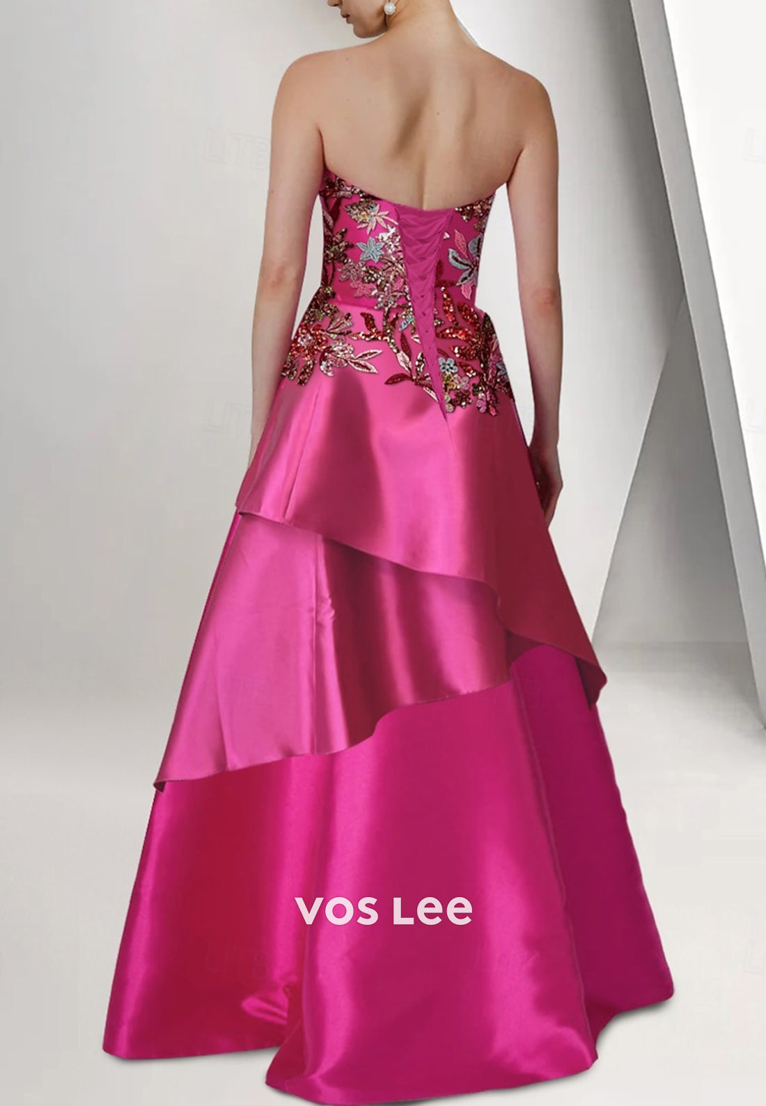 A-Line Strapless Pleated Appliqued Embellished Floor-Length Evening Dresses with Tiered