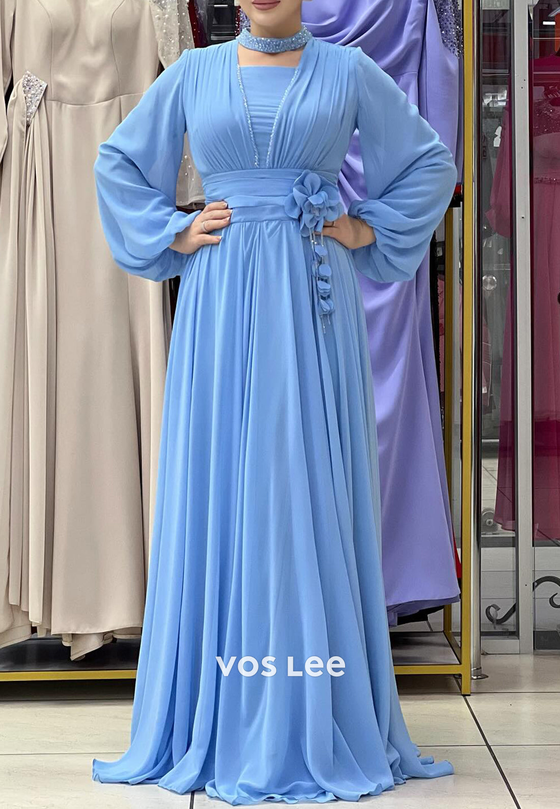 Simple A-Line Long Sleeve Scoop Flowers Floor-Length Pleated Evening Dresses