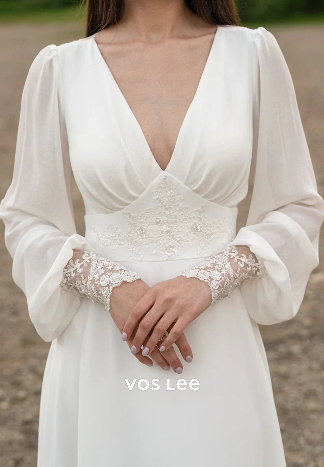 Simple Long Sleeve V Neck Appliques Lace Pleated Beach Wedding Dresses with Sweep Train