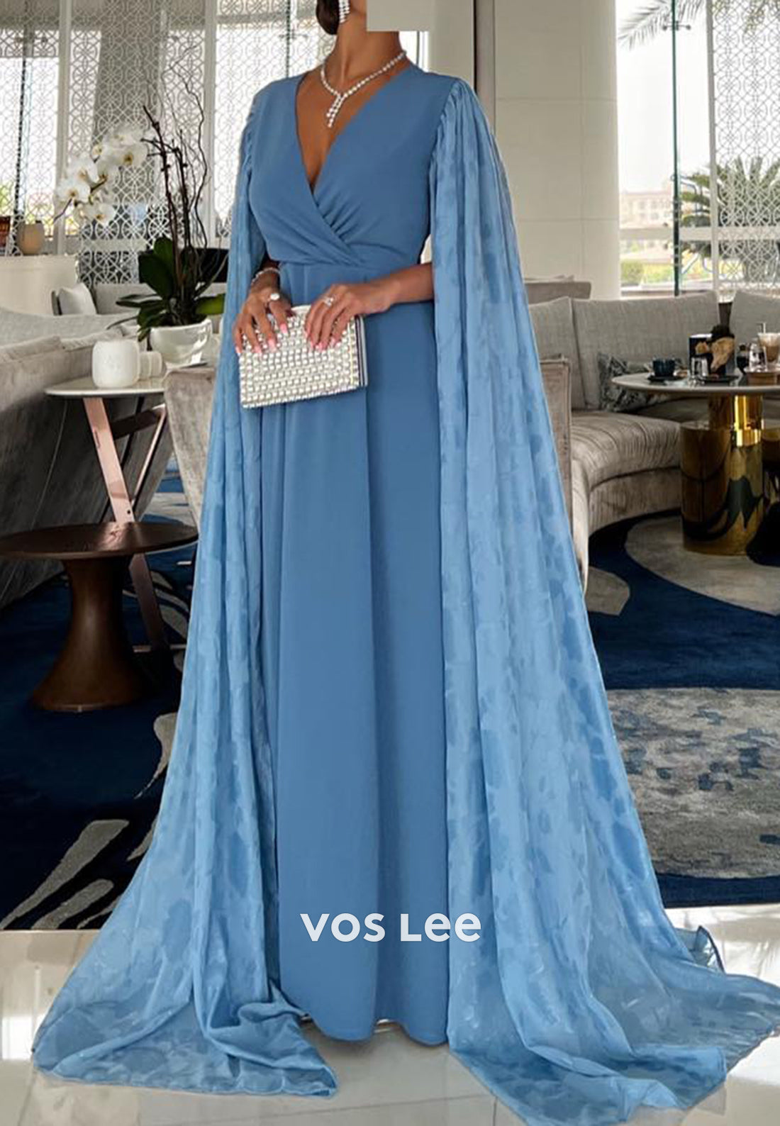 A-Line Long Sleeve V Neck Pleated Evening Dresses with Sweep Train