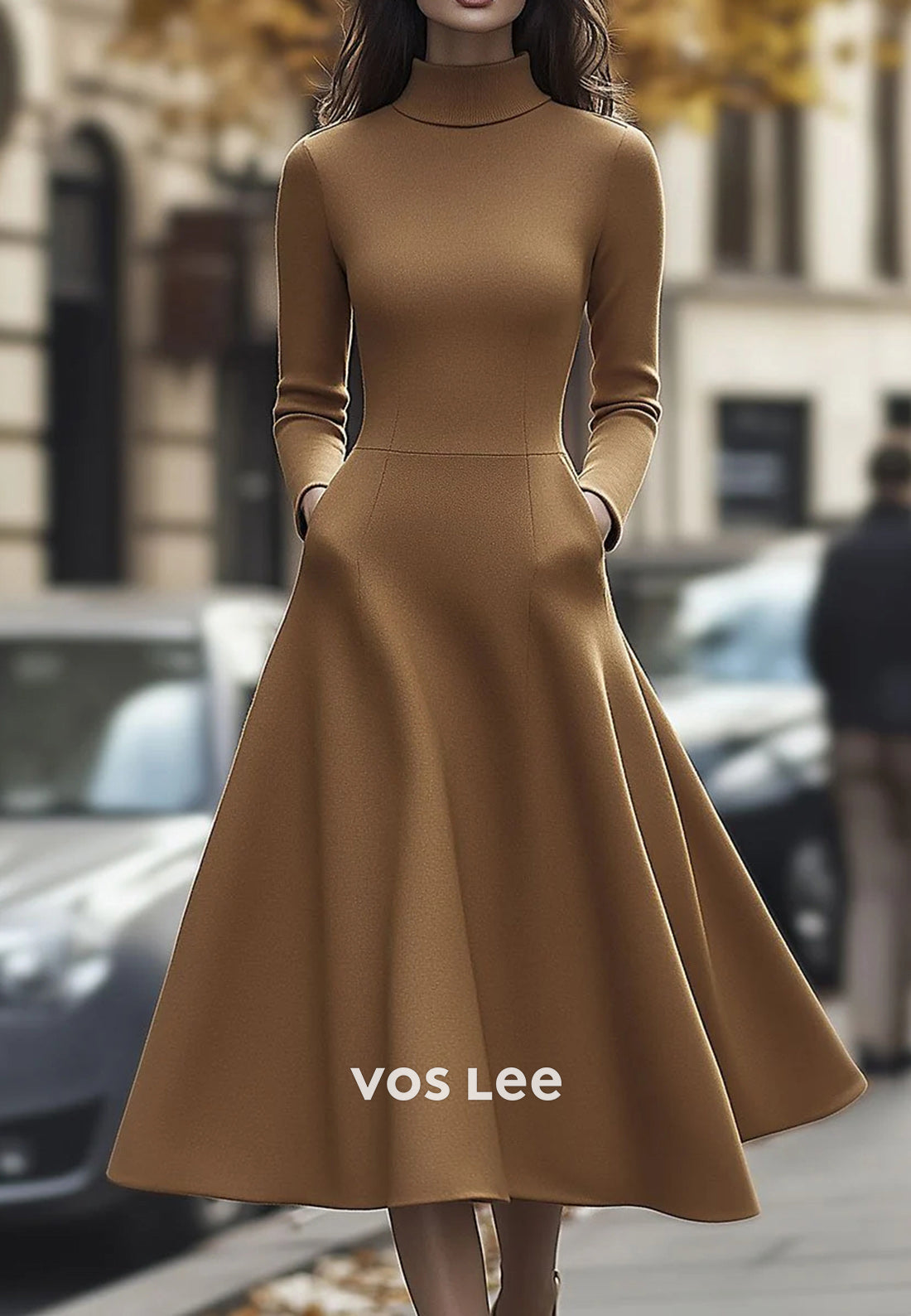 Simple & Classic A-Line Long Sleeve High Neck Wedding Guest Dresses with Pockets