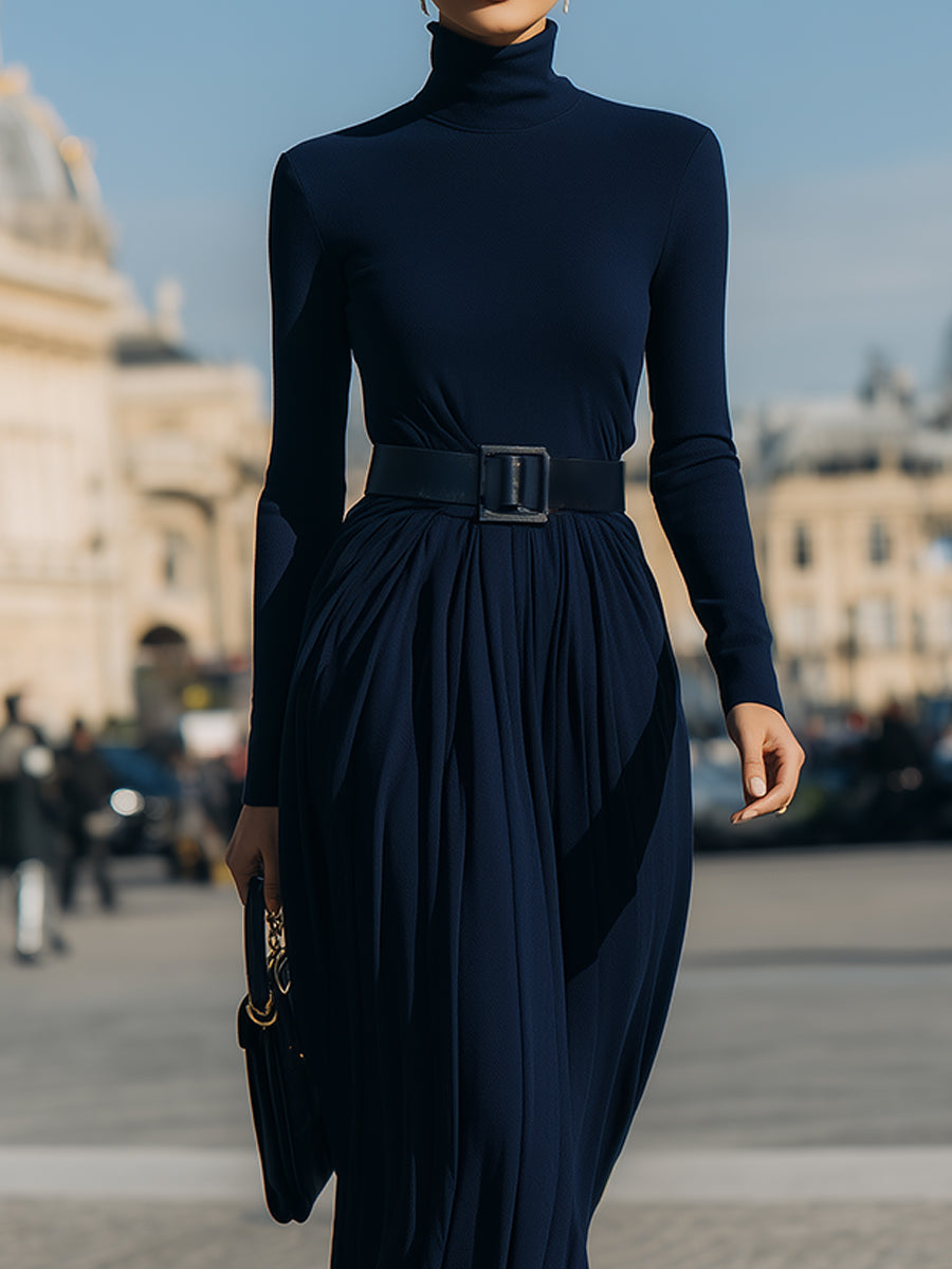 Pleated Knit-Bodice Dress In Midnight Navy