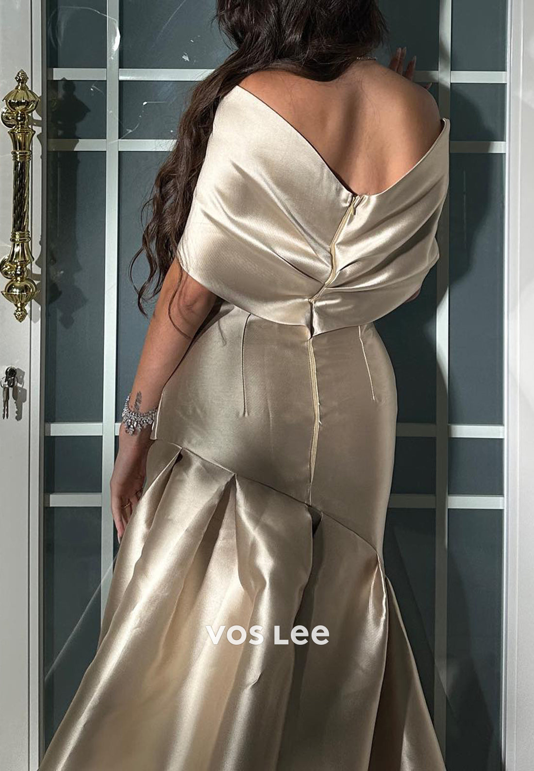 High Low Off the Shoulder Pleated Sheath Evening Dresses with Court Train