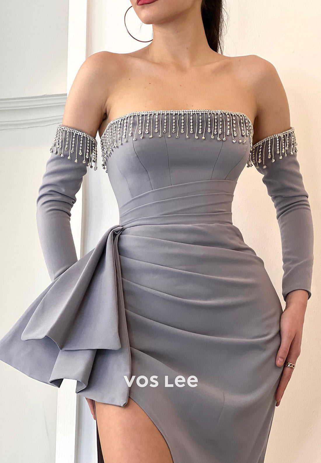 Long Sleeve Strapless Beaded Fringe Pleated Mermaid Evening Dresses with Sweep Train