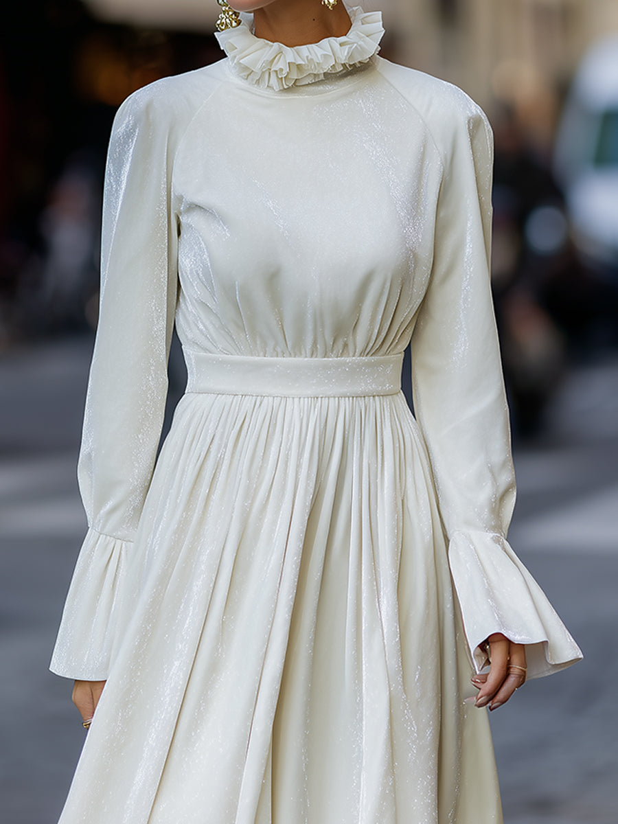 Ivory Ruffled High-Neck Midi Dress