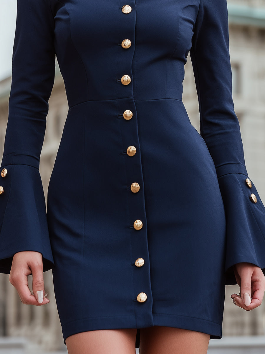 Gold-Button Shirt Dress With Flared Cuffs