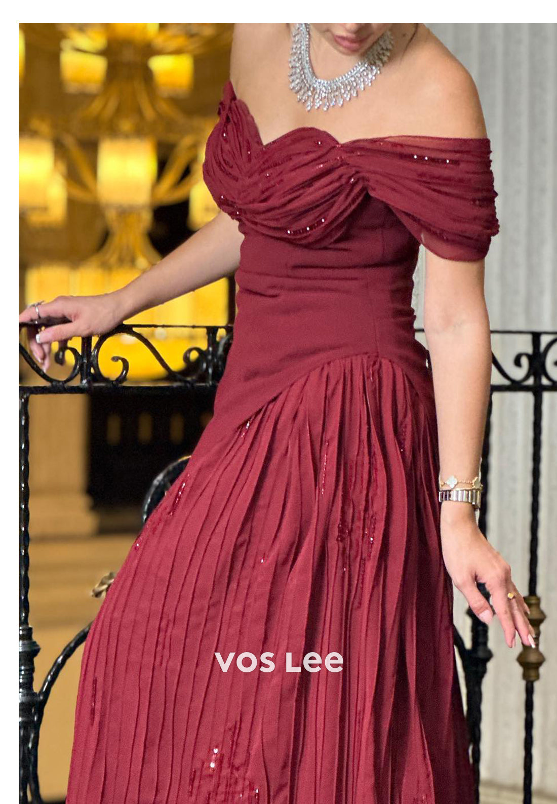 A-Line Off the Shoulder Sequins Pleated Floor-Length Evening Dresses