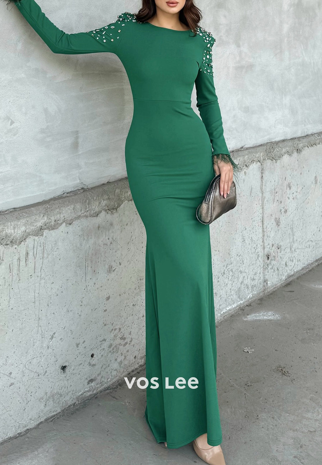 Long Sleeve Feather Scoop Rhinestone Floor-Length Mermaid Evening Dresses
