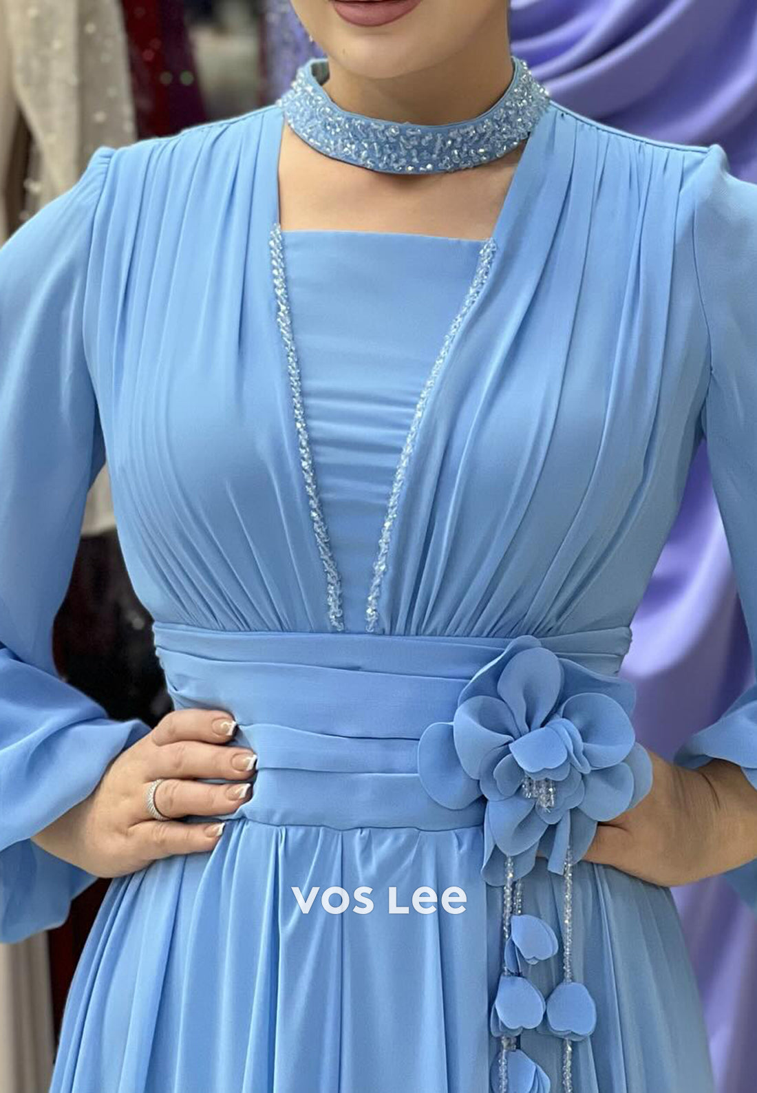 Simple A-Line Long Sleeve Scoop Flowers Floor-Length Pleated Evening Dresses