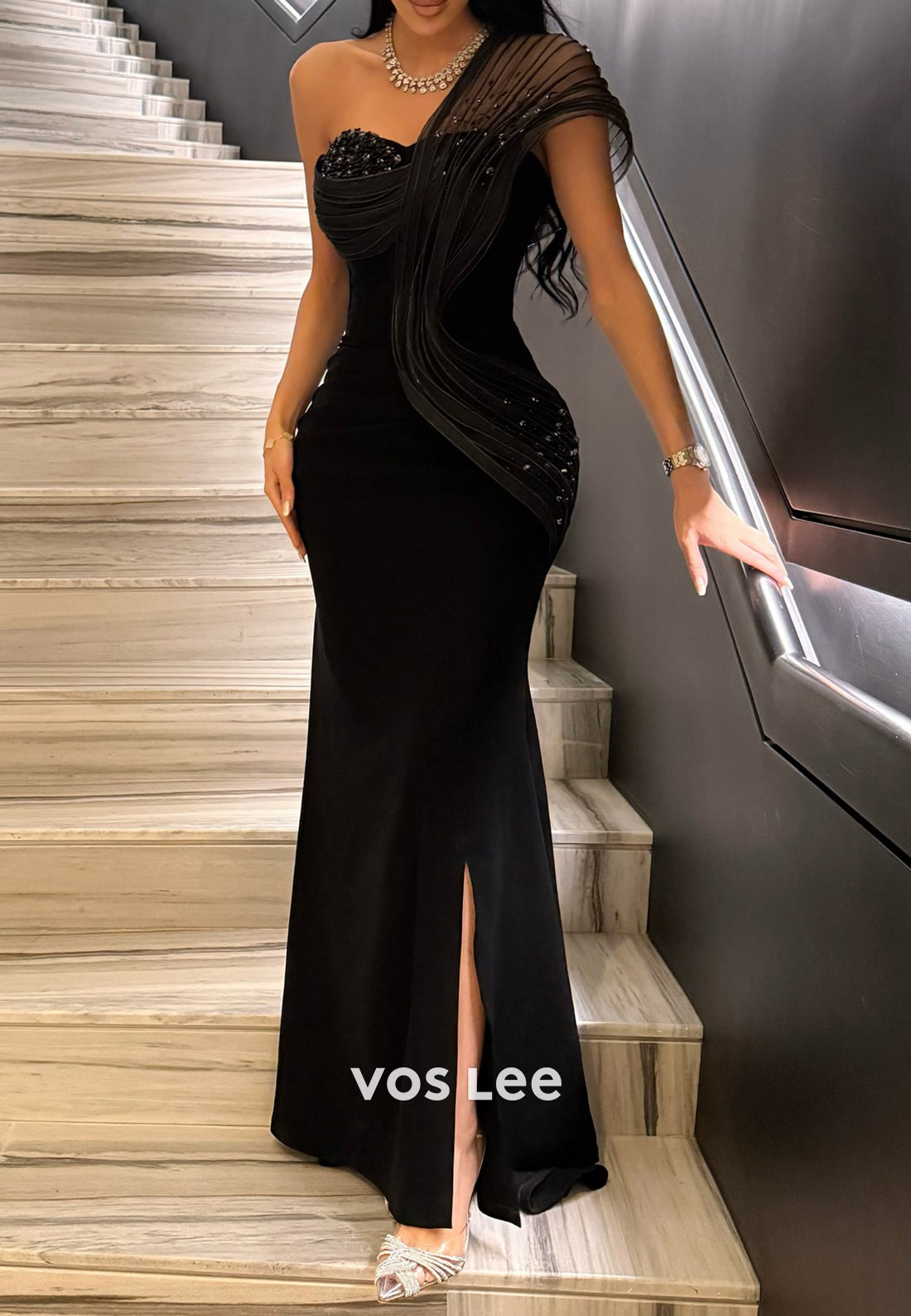 One Shoulder Rhinestone Embellished Pleated Mermaid Evening Dresses with High Split