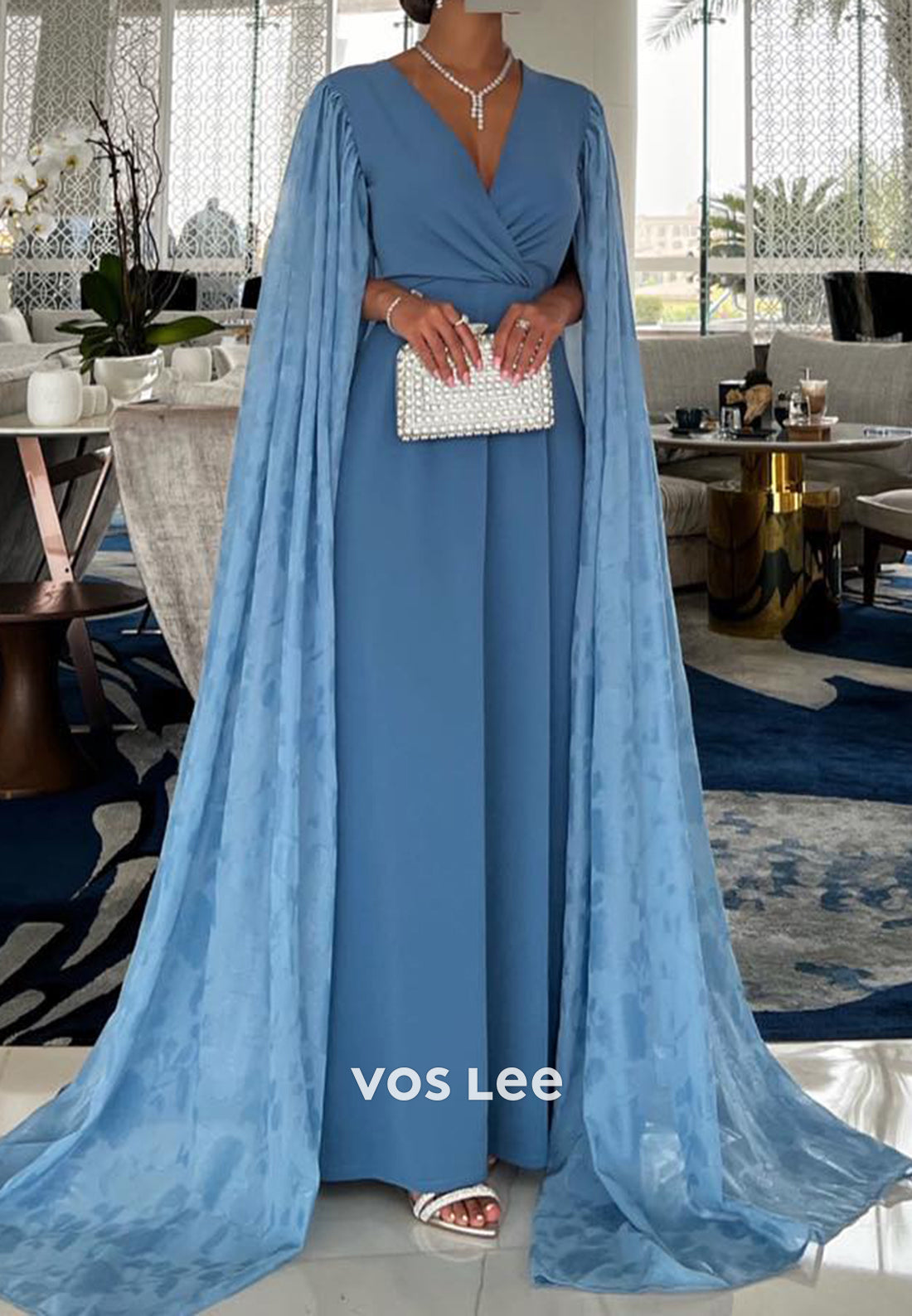 A-Line Long Sleeve V Neck Pleated Evening Dresses with Sweep Train