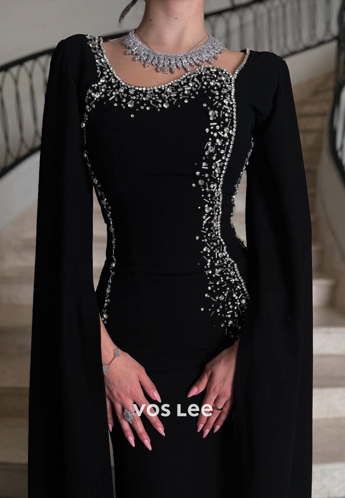 Long Sleeve Scoop Beading Embellished Floor-Length Sheath Evening Dresses
