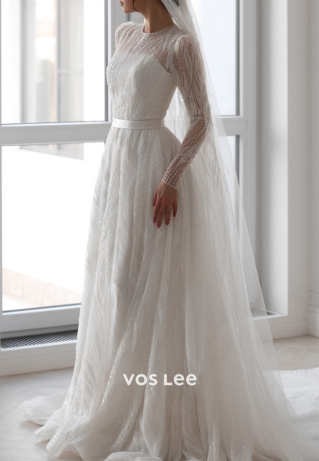 A-Line Long Sleeve Scoop Beaded Tulle Pleated Wedding Dresses with Court Train