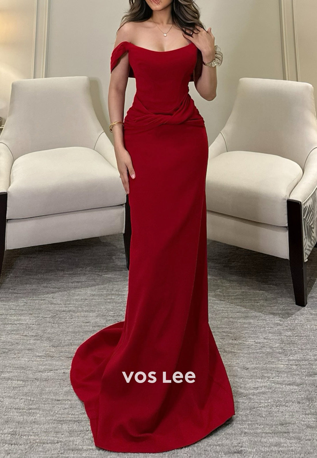 Gorgeous & Charming Off the Shoulder Pleated Sheath Evening Dresses with Sweep Train