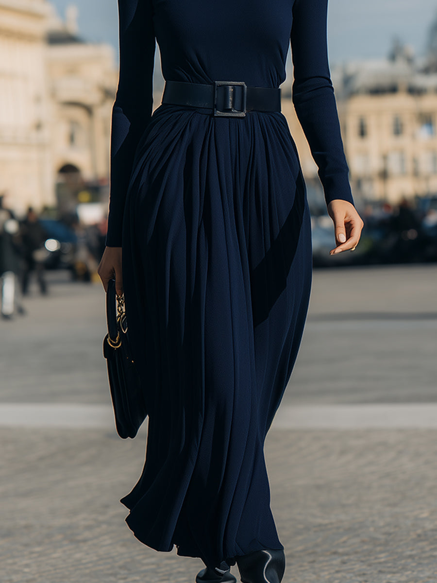 Pleated Knit-Bodice Dress In Midnight Navy