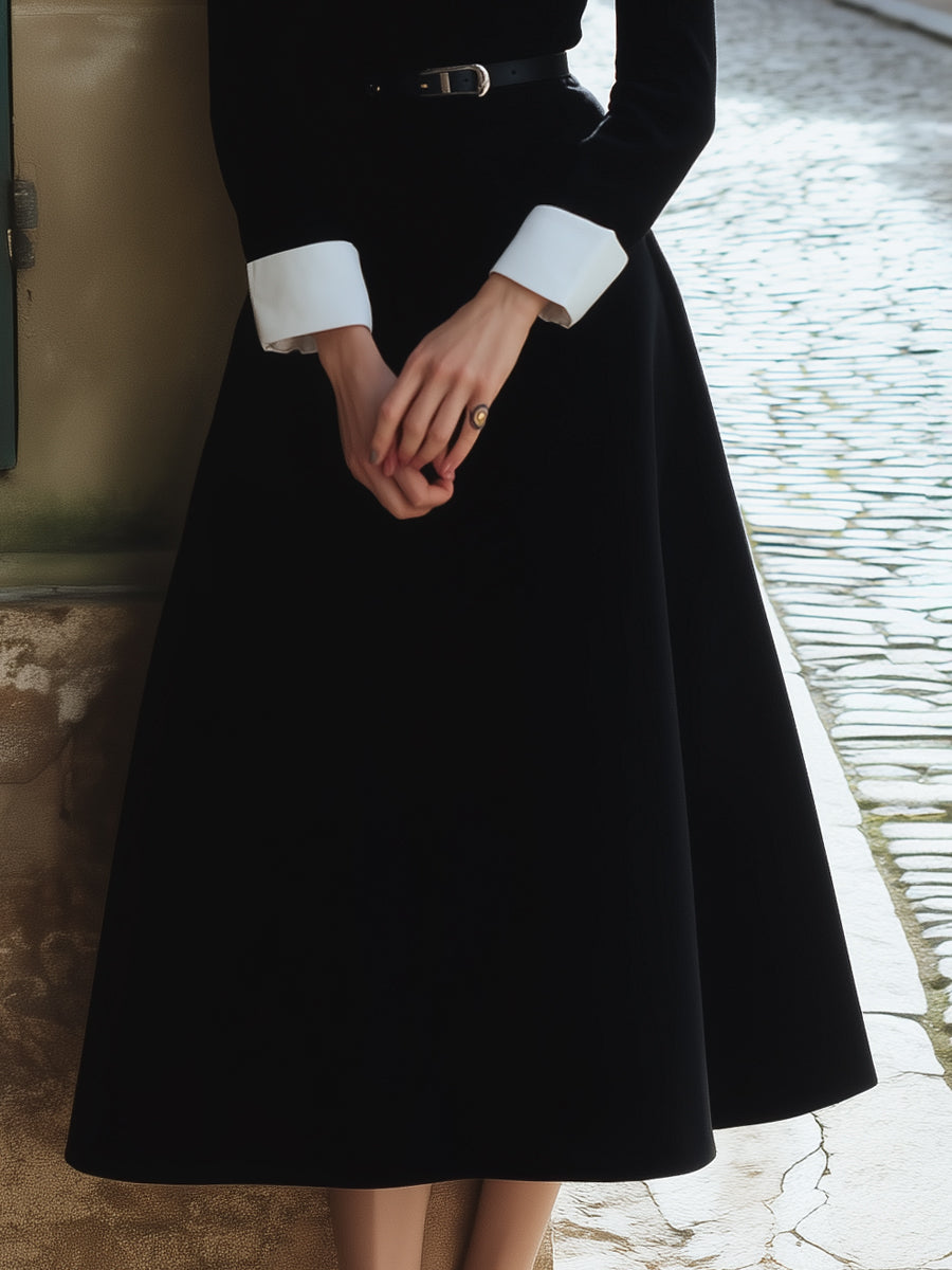 Vintage Contrast-Collar Velvet Midi Dress
