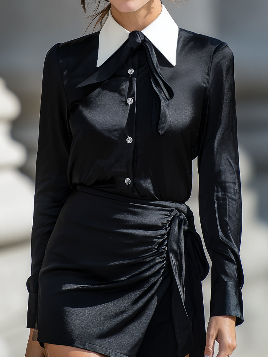 Satin Contrast Collar Tie-Neck Dress