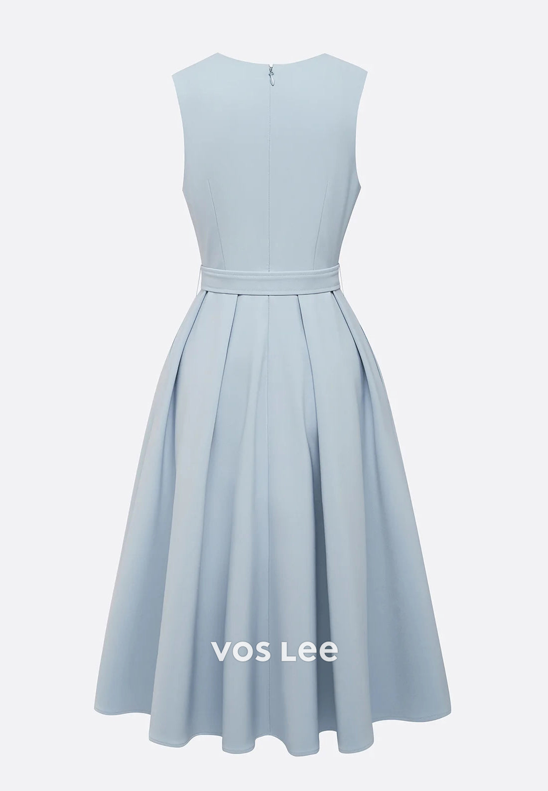 Sky Blue A-Line Illusion V Neck Tea-Length Pleated Party Dresses Wedding Guest Dresses