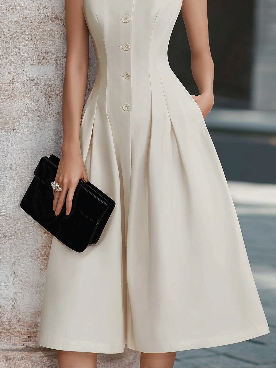 Sleeveless Button-Front Fit And Flare Midi Dress