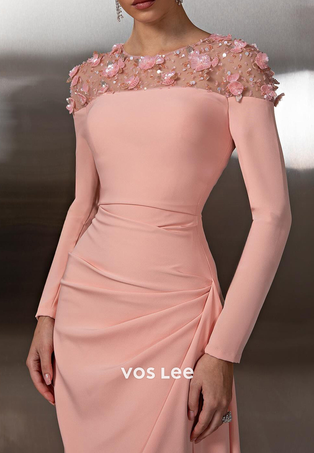 Long Sleeve Illusion Neck Appliques Floor-Length Mermaid Prom Dresses