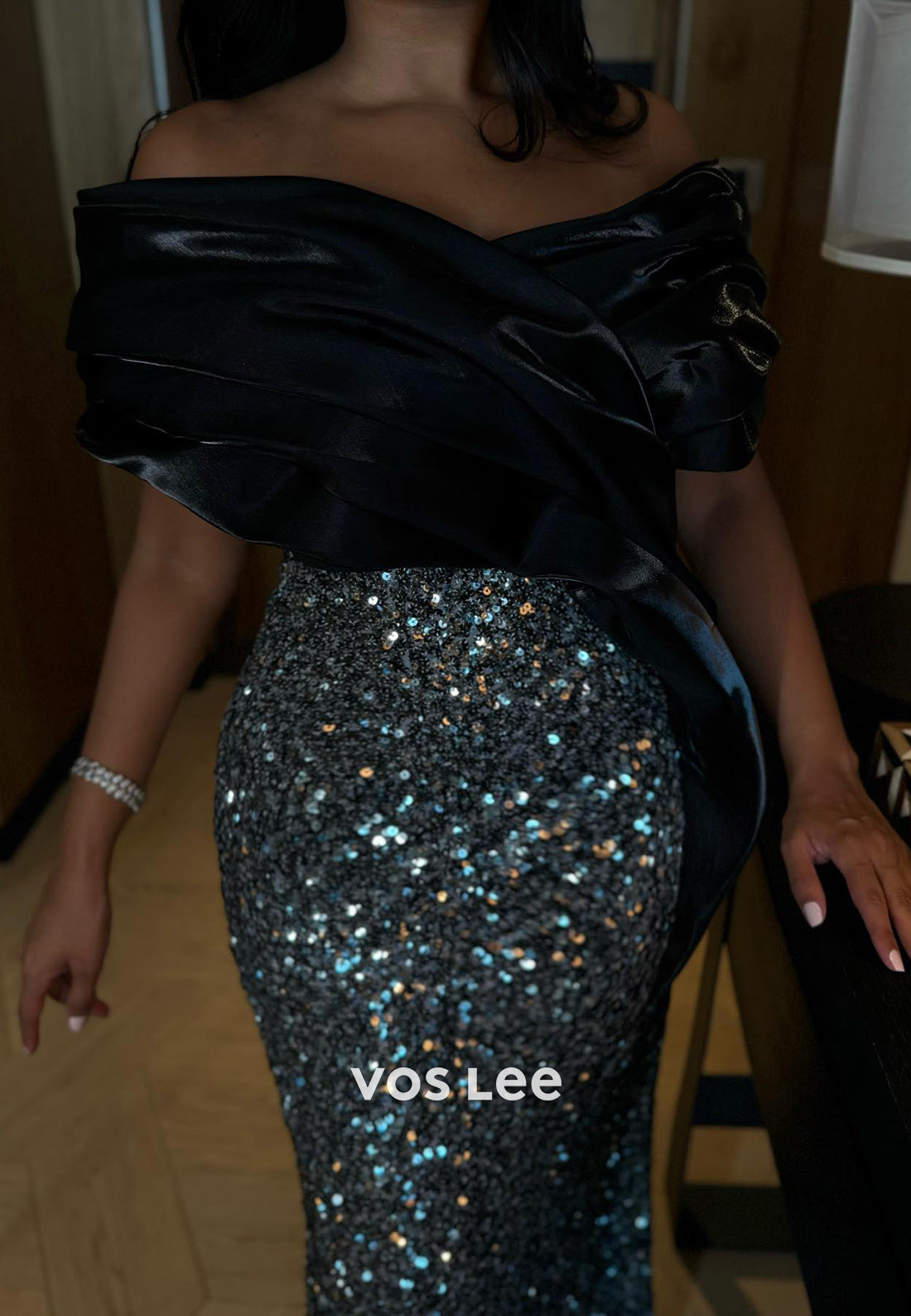 Pleated Off the Shoulder Sequined Floor-Length Pleated Mermaid Evening Dresses