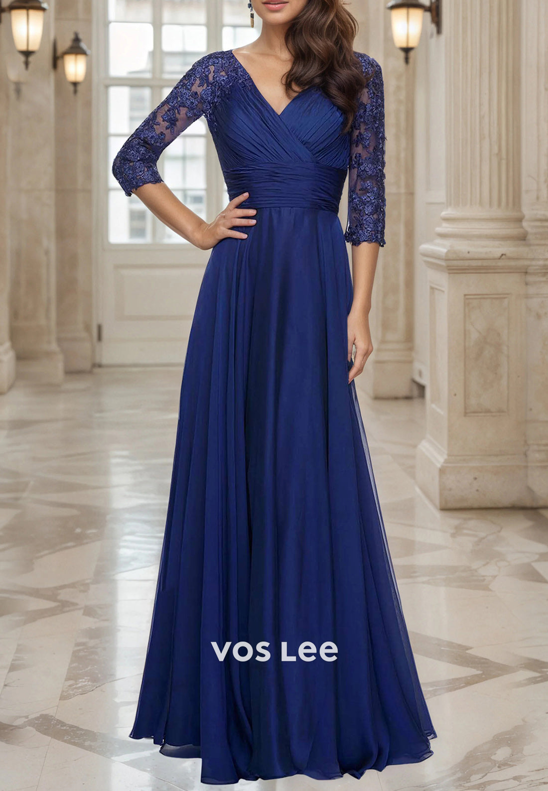 A-Line V Neck 3/4 Sleeve Appliques Lace Pleated Floor-Length Mother of Bride Dresses