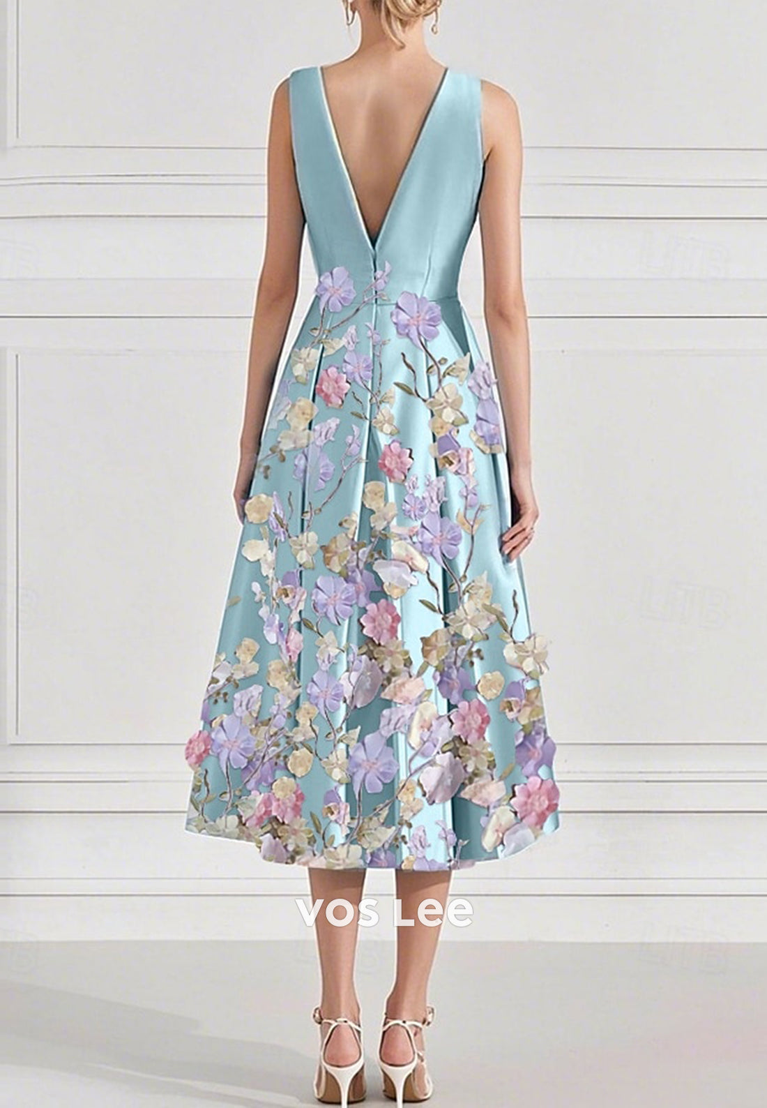 A-Line Plunging V Neck Tea-Length Appliqued Pleated Evening Dresses