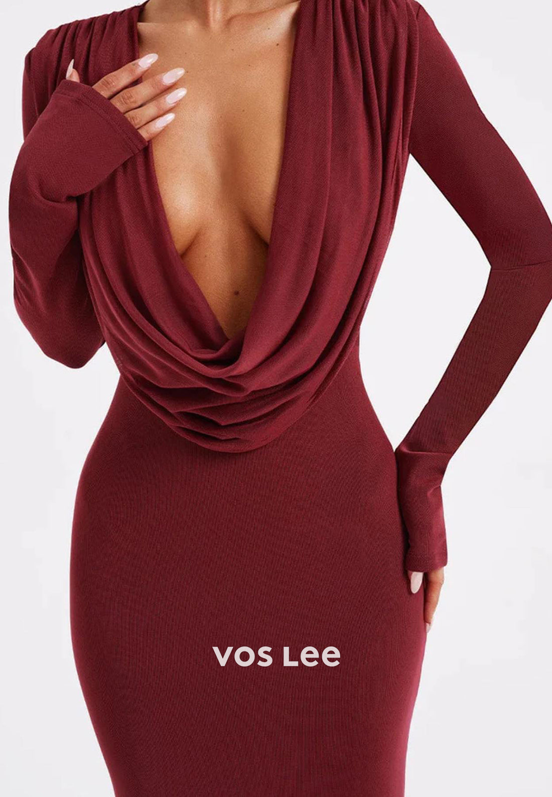 Sexy Long Sleeve Burgundy V Neck Pleated Mermaid Floor-Length Evening Dresses