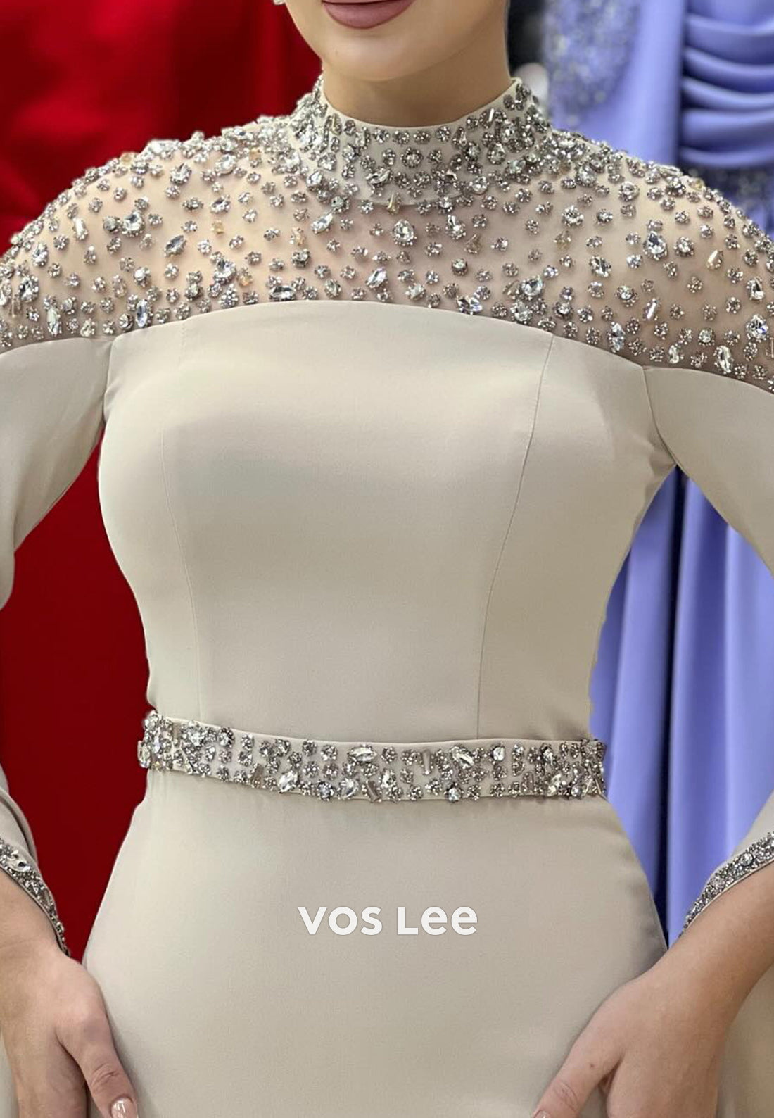 Long Sleeve Illusion Neck Rhinestone Embellished Floor-Length Mermaid Evening Dresses