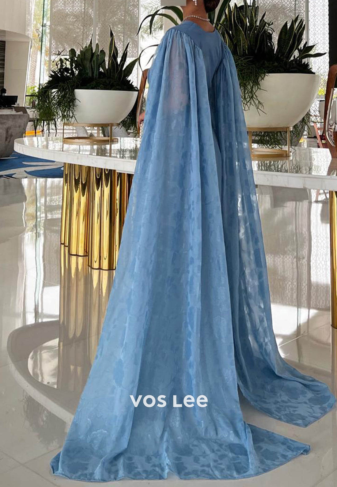 A-Line Long Sleeve V Neck Pleated Evening Dresses with Sweep Train